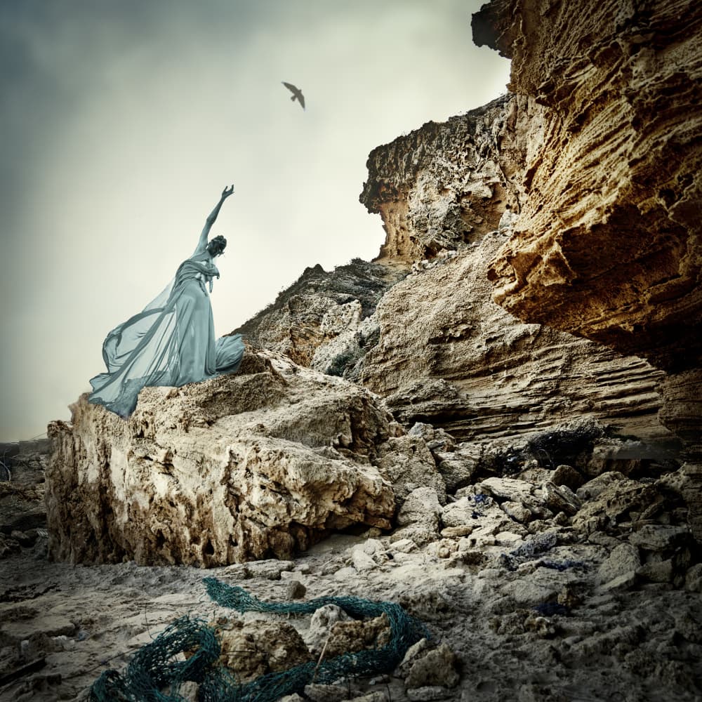 Blue Figure Reaching Bird by Rachel Pansky — canvas wall art