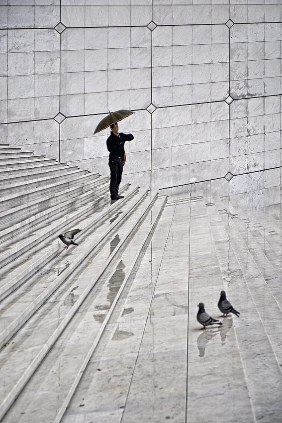 Man Umbrella and Pigeons by Jure Kravanja — canvas wall art