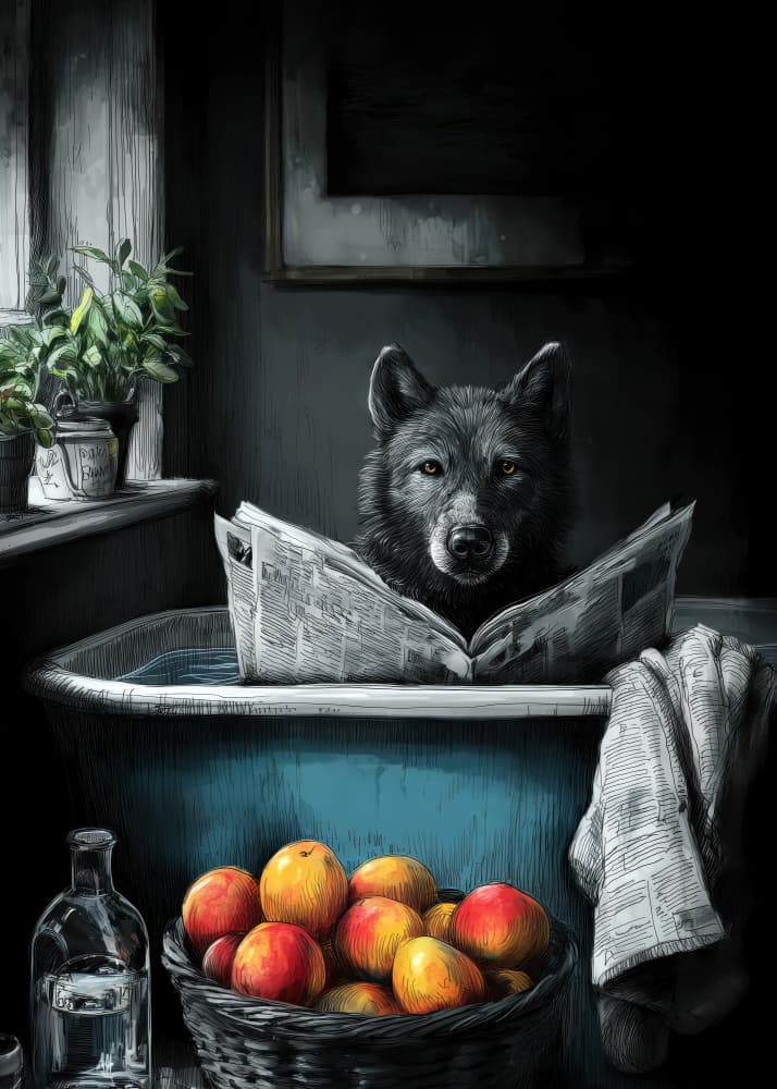 Wolf Reading In Tub by Justyna Jaszke — canvas wall art