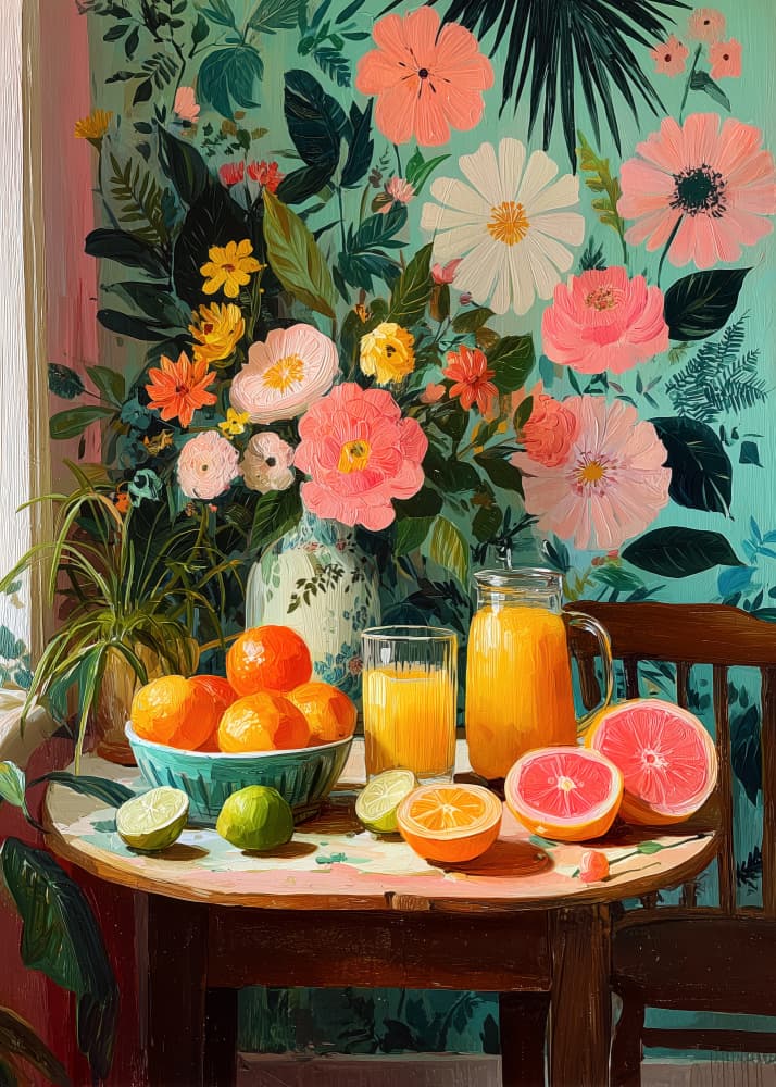Vibrant Blooms and Citrus by Justyna Jaszke — canvas wall art