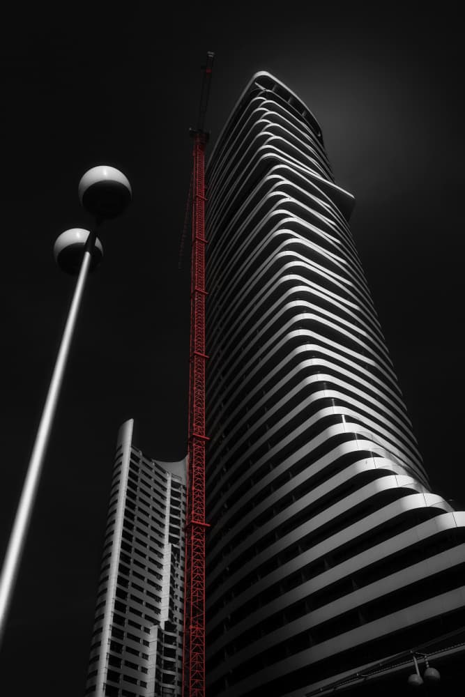 Modern Skyscrapers Red Crane by Thomas de Franzoni — canvas wall art