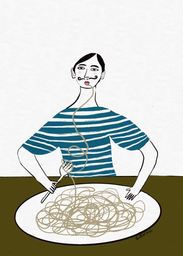 Moustached Man Eating Spaghetti by Sharyn Bursic — canvas wall art
