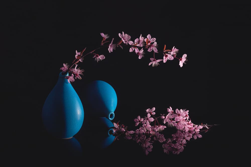 Cherry Blossoms Blue Vases by Lydia Jacobs — canvas wall art