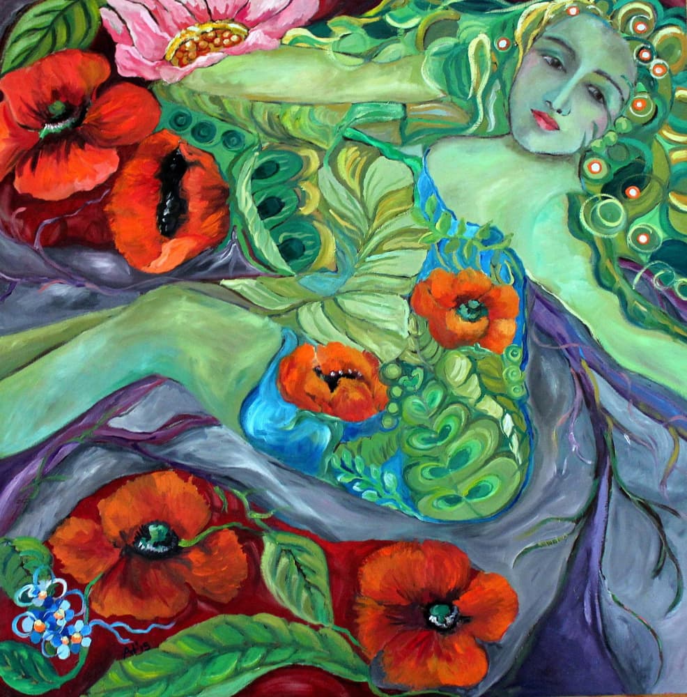 Green Goddess and Poppies by Alexandra Higgins — canvas wall art