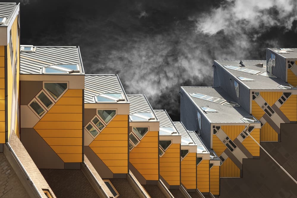 Yellow Geometric Buildings by Theo Luycx — canvas wall art