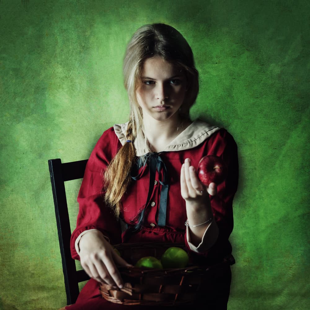 Pensive Girl Red Apple by Rachel Pansky — canvas wall art