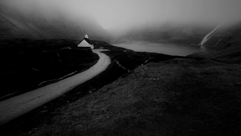 Misty Mountain Lake Church by Mozart Chan — canvas wall art