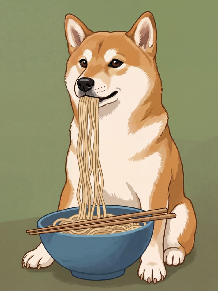 Shiba Inu Noodle Feast by Andreas Magnusson — canvas wall art