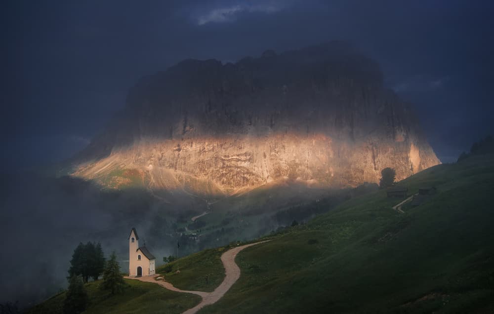 Golden Glow Mountain Church by Ales Krivec — canvas wall art