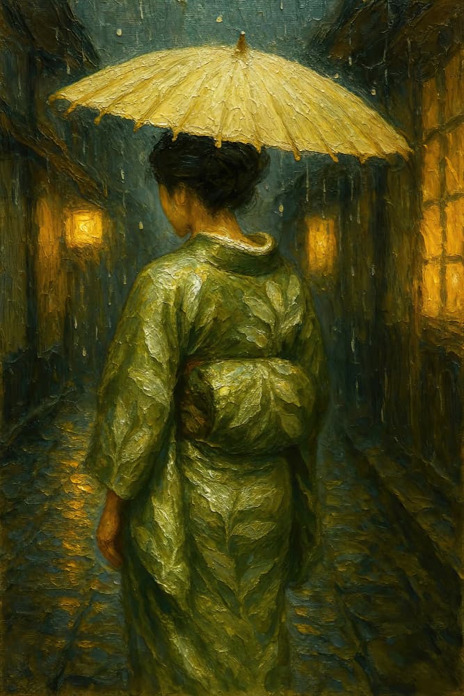 Rainy Night Kimono Walk by Natalie Bruns — canvas wall art
