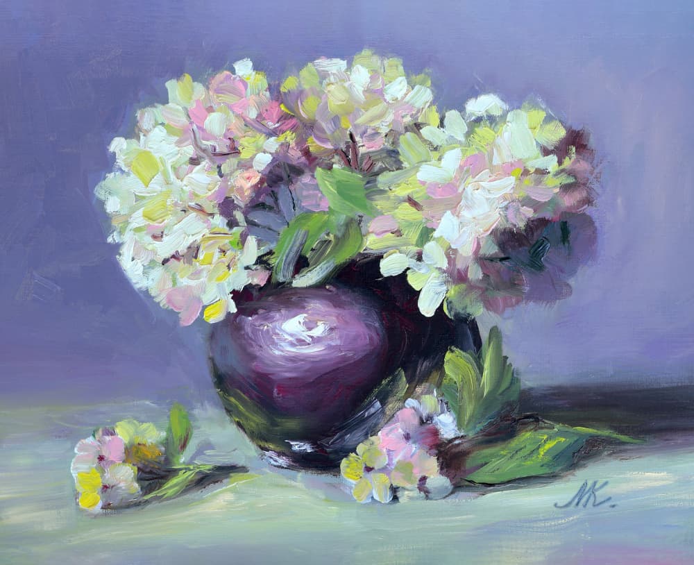 Painterly Hydrangeas in Vase by Marina Kozyr — canvas wall art