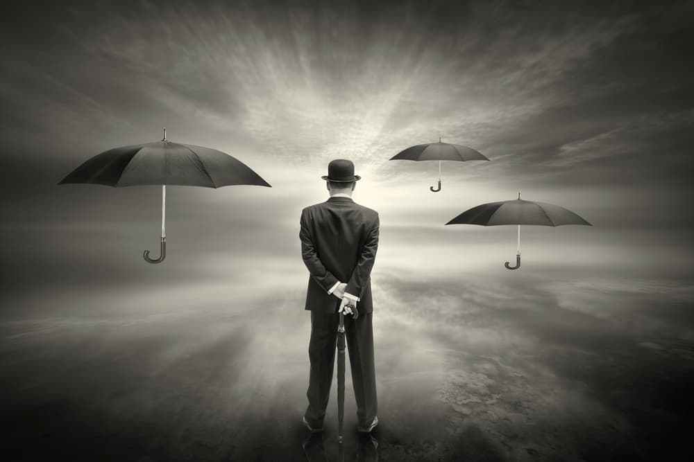 Elegant Man Floating Umbrellas by Jose Antonio Triviño Sanchez — canvas wall art