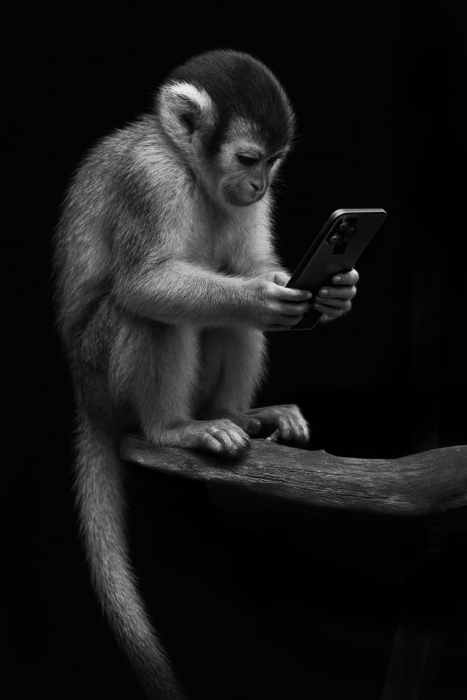 Curious Monkey Phone by Yvette Depaepe — canvas wall art