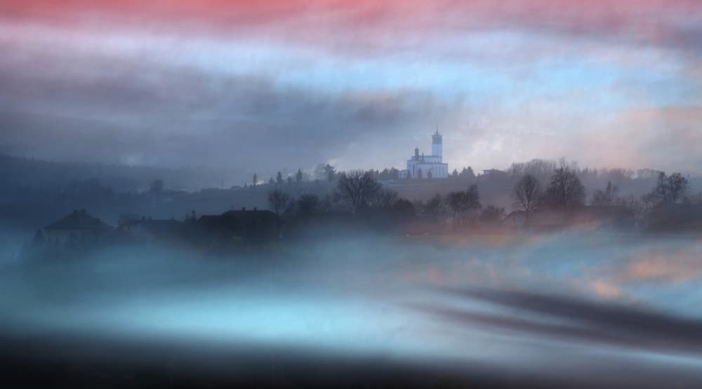 Misty Morning Church by paralaxa — canvas wall art