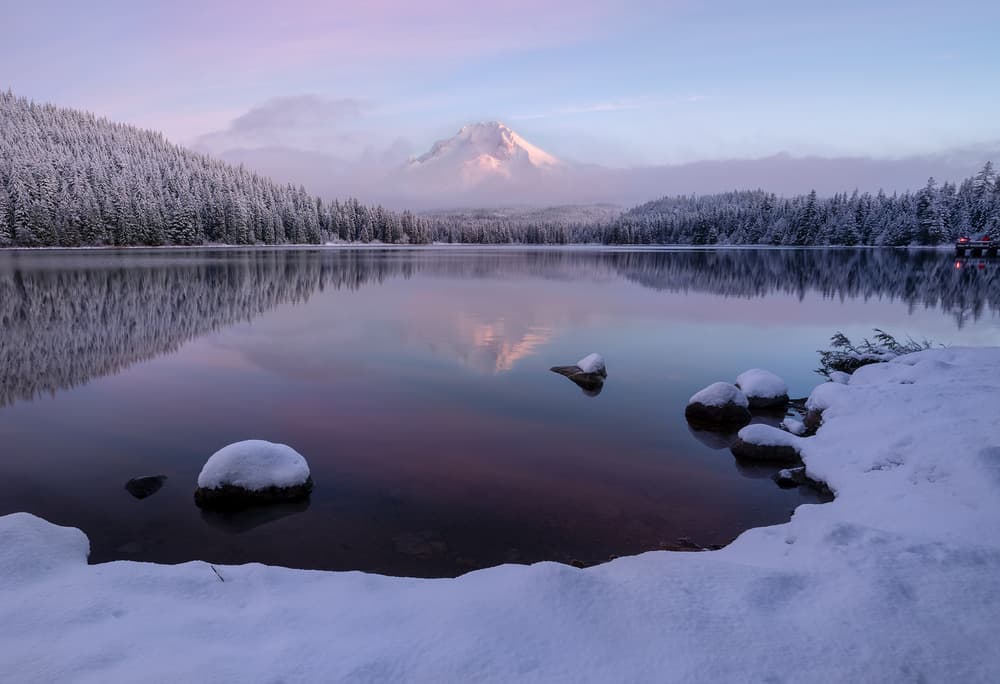Snowy Mountain Lake Reflection by Shenshen Dou — canvas wall art
