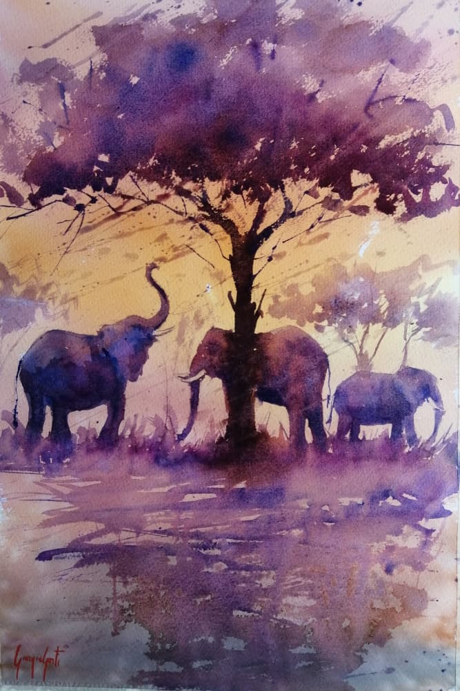 African Elephants Purple Sunset by Giorgio Gosti — canvas wall art