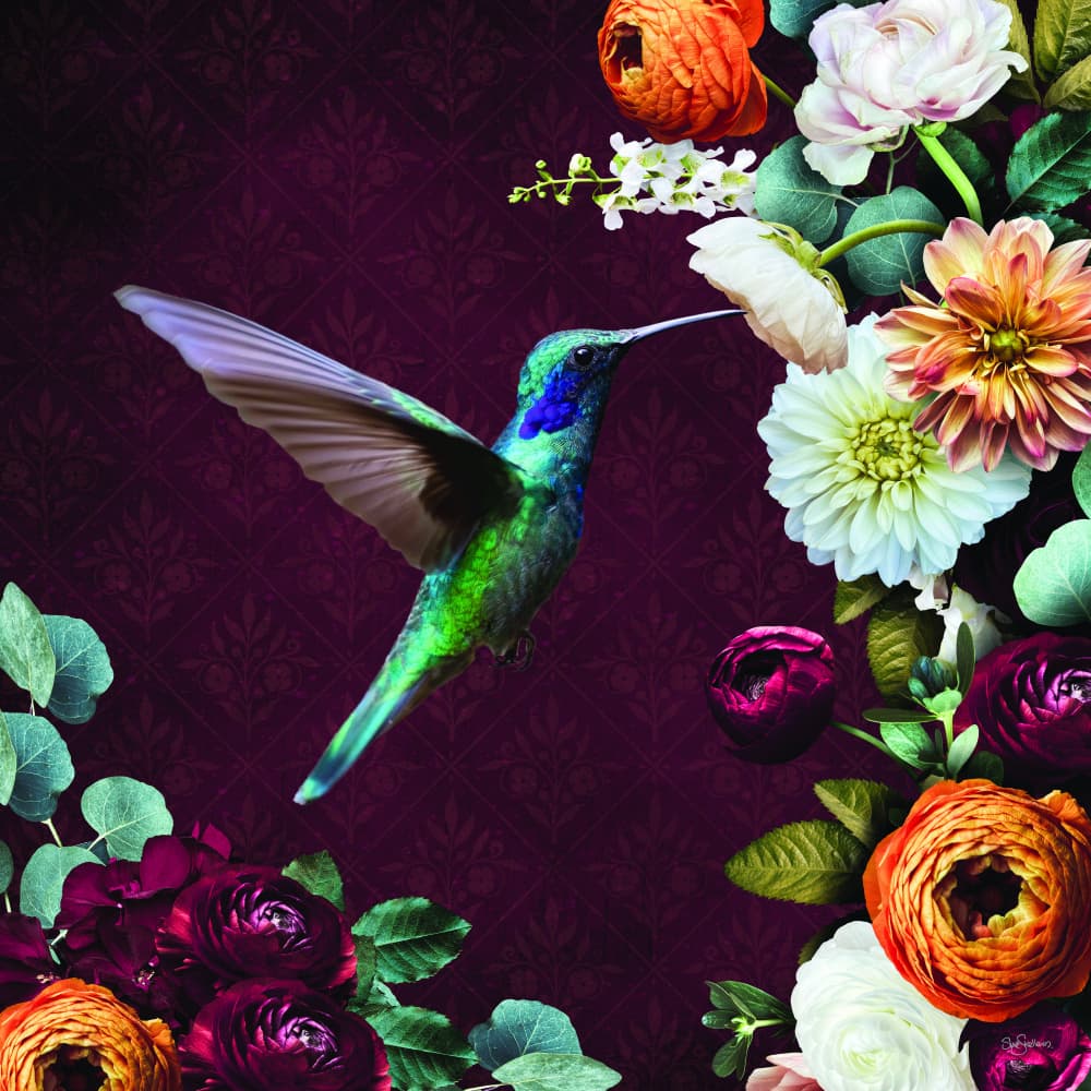 Vibrant Floral Hummingbird by Sue Skellern — canvas wall art