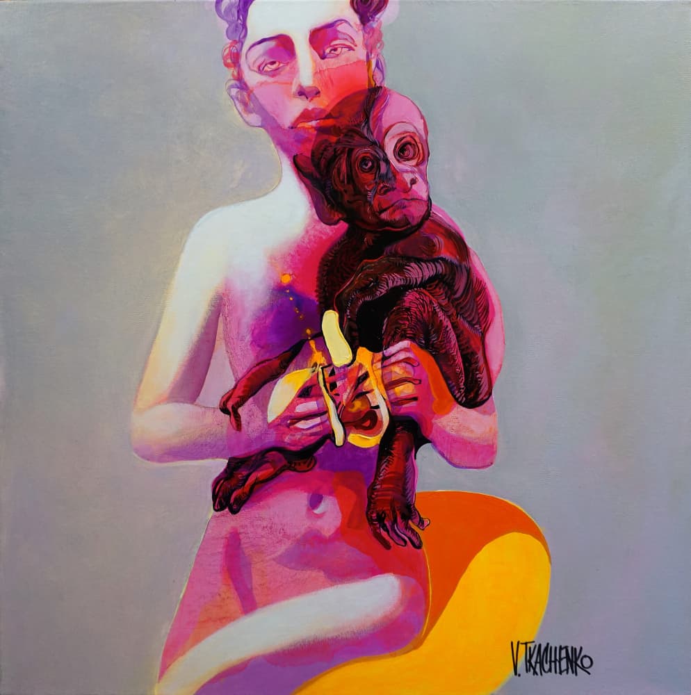 Nude Woman Holding Monkey by Victor Tkachenko — canvas wall art