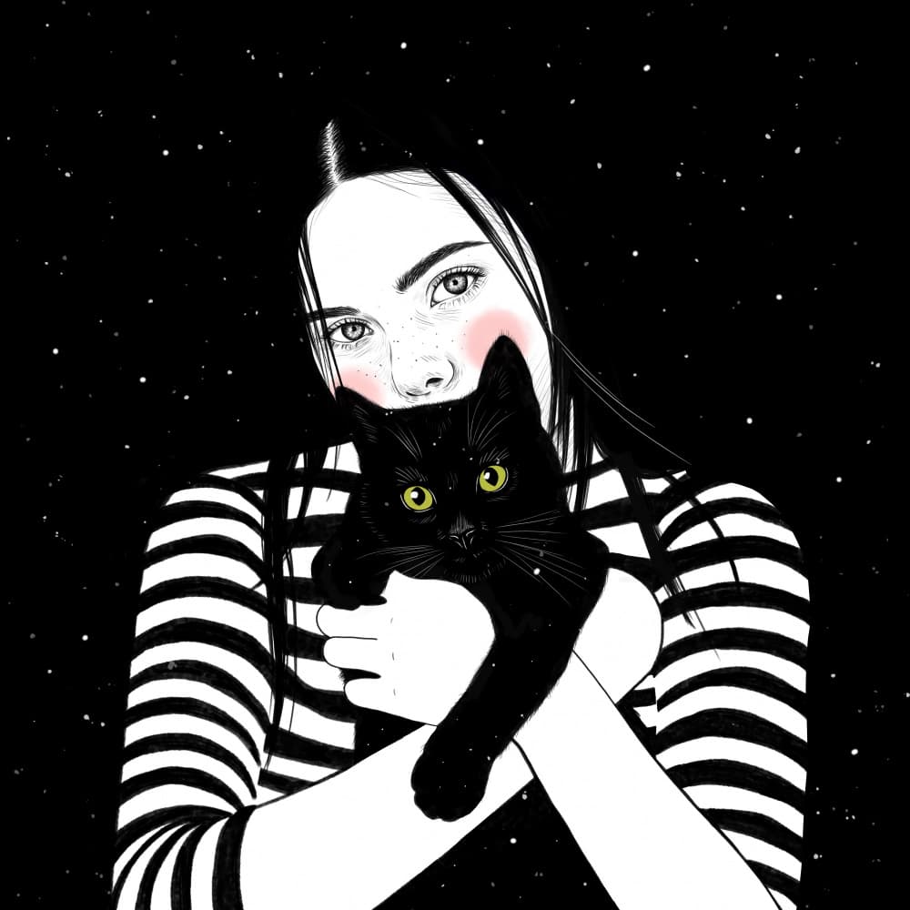 Starry Night Cat Embrace by Petra Holíková — canvas wall art