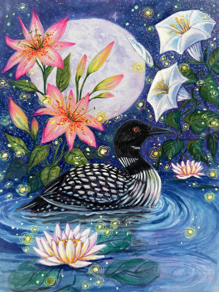 Moonlit Loon and Lilies by Renee Machan Cottagecore Artist — canvas wall art