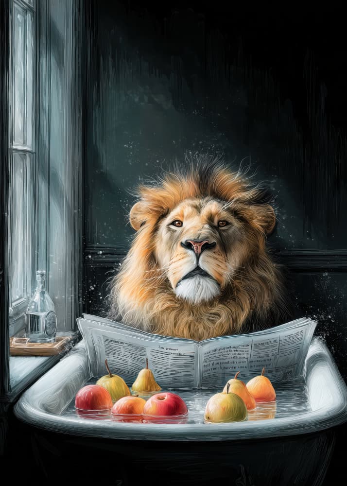 Lion Reads In Tub by Justyna Jaszke — canvas wall art