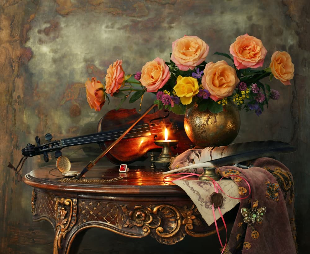 Vintage Violin and Roses by Andrey Morozov — canvas wall art
