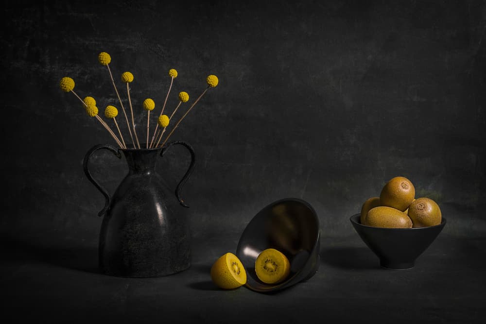 Moody Golden Kiwi and Flowers by Lydia Jacobs — canvas wall art