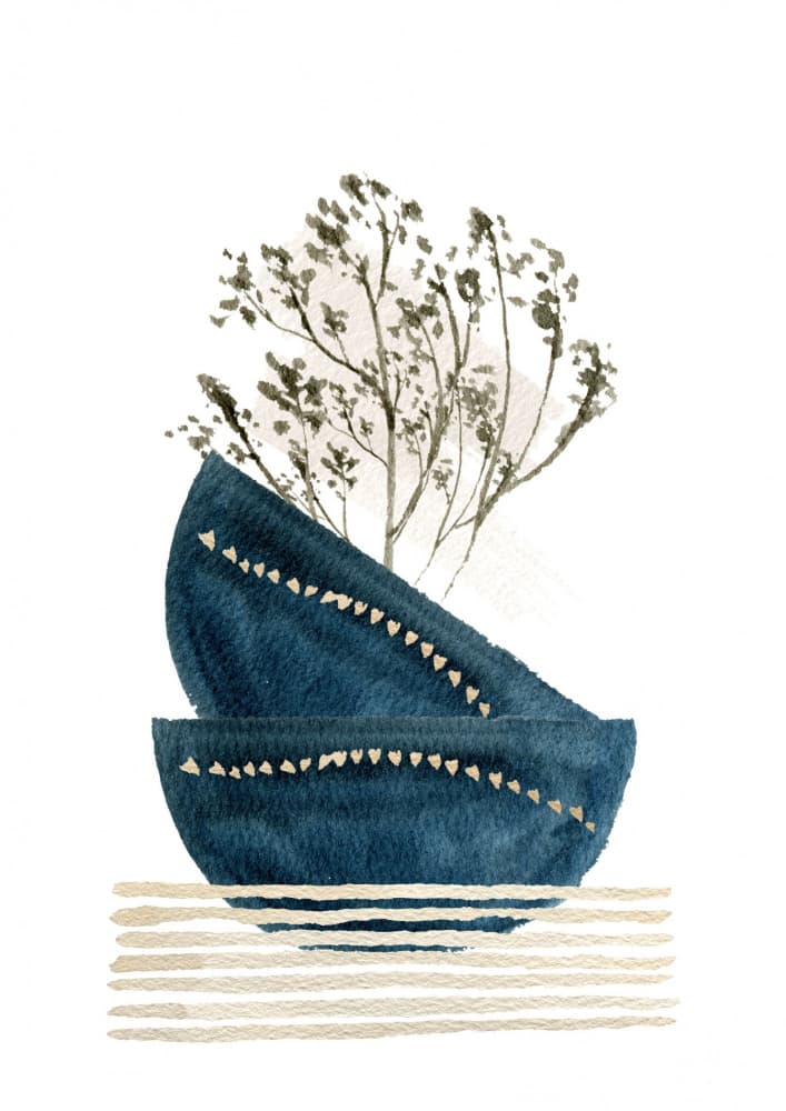 Blue Bowls And Branches by Sally Ann Moss — canvas wall art