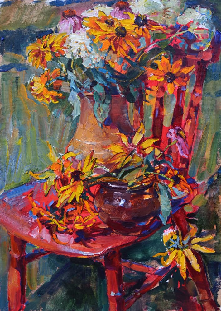 Yellow Blooms Red Chair by Andrii Kutsachenko — canvas wall art