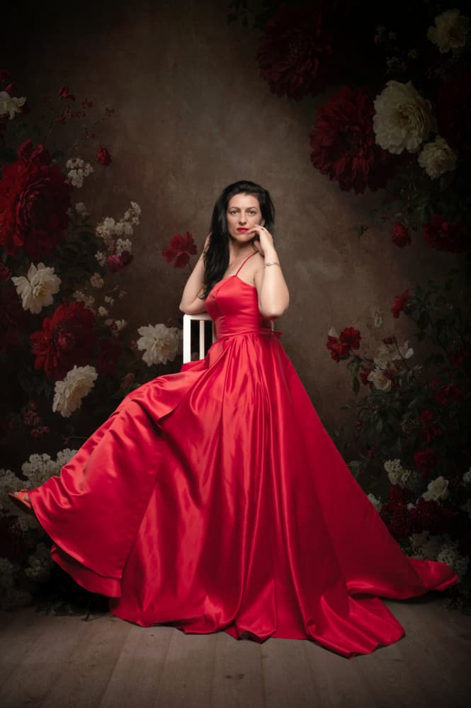 Red Gown Floral Portrait by Cristian Pavel — canvas wall art