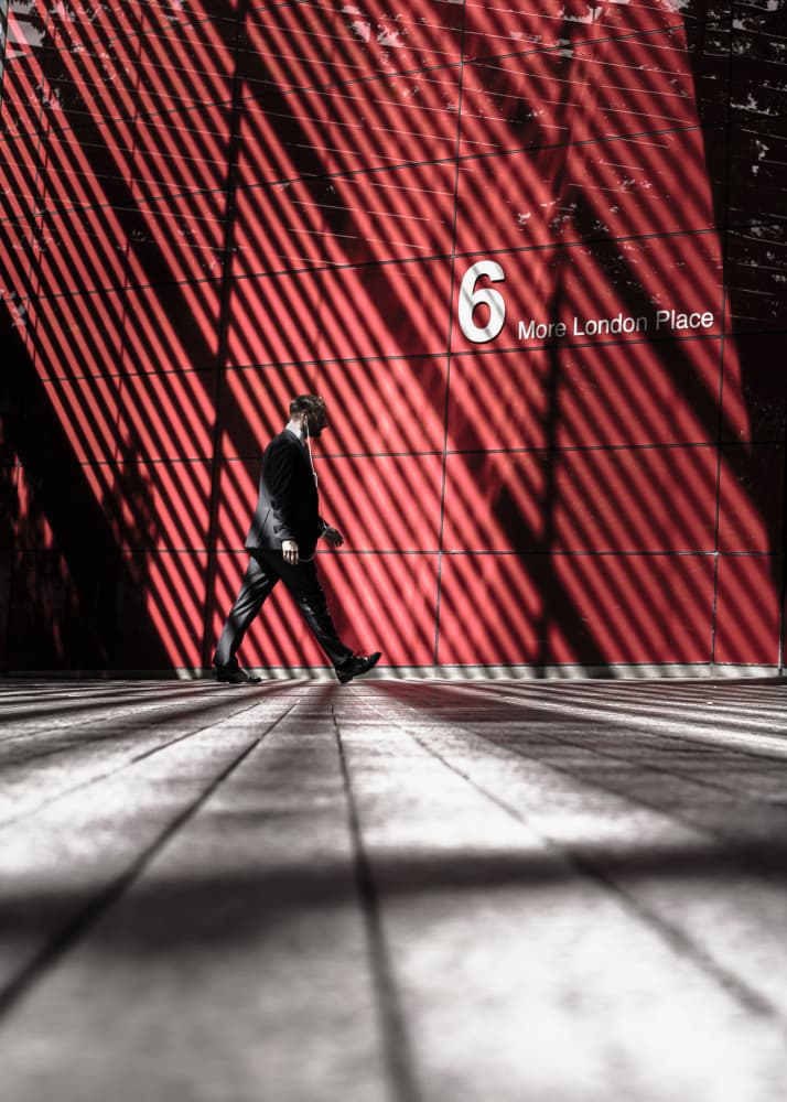 Walking Red Wall Shadows by Rudy Mareel — canvas wall art