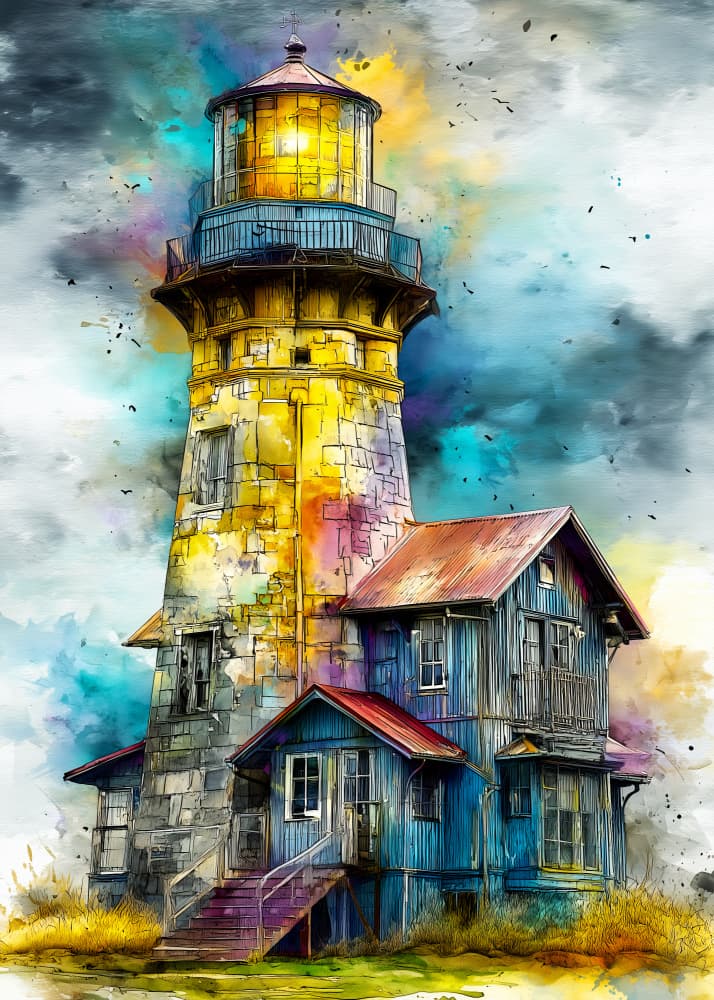 Colorful Watercolor Lighthouse by Justyna Jaszke — canvas wall art