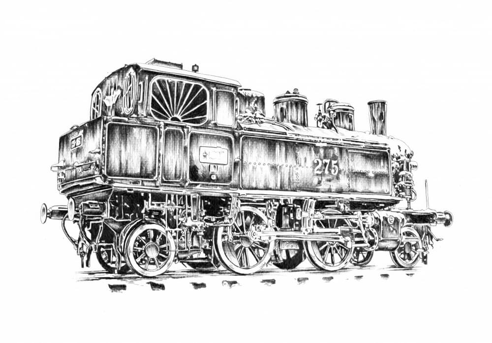 Vintage Steam Locomotive Drawing by Kulik — canvas wall art