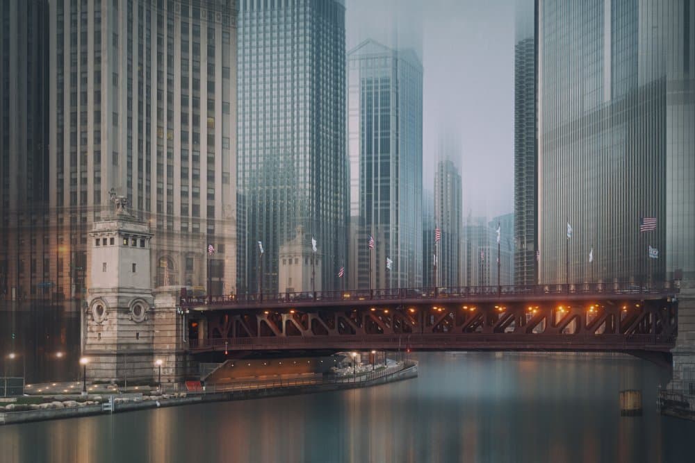 Misty Chicago River by Roswitha Schleicher-Schwarz — canvas wall art