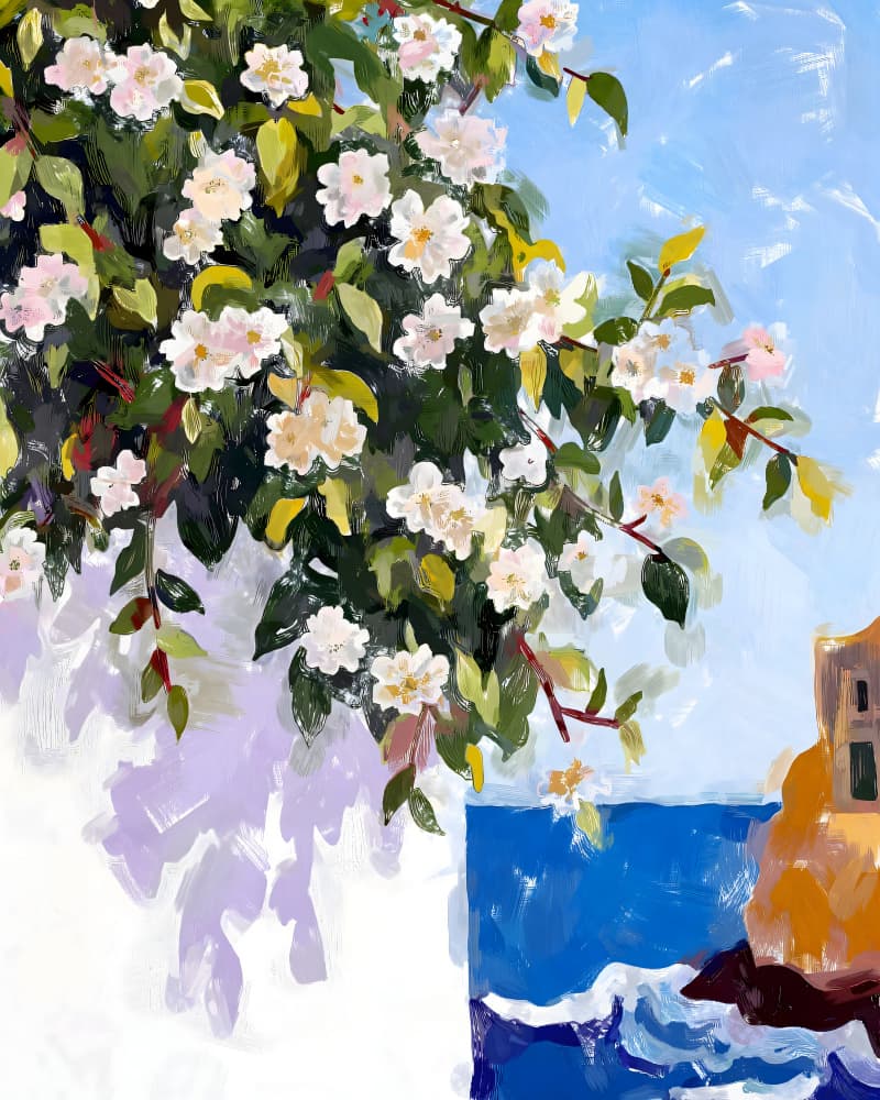 White Flowers Mediterranean Sea by Uma Gokhale — canvas wall art