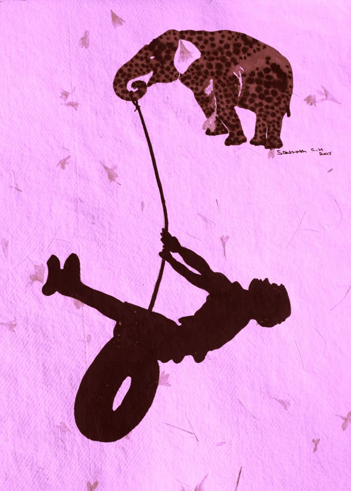 Elephant Holds Boy's Swing by Santhosh ch — canvas wall art