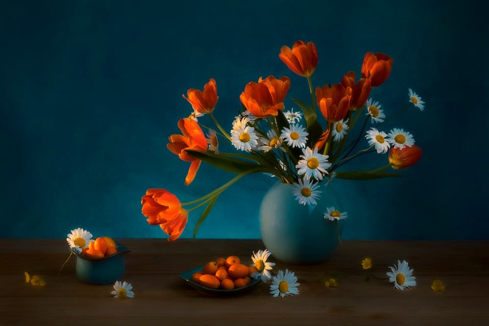 Moody Tulips Daisy Still Life by Lydia Jacobs — canvas wall art