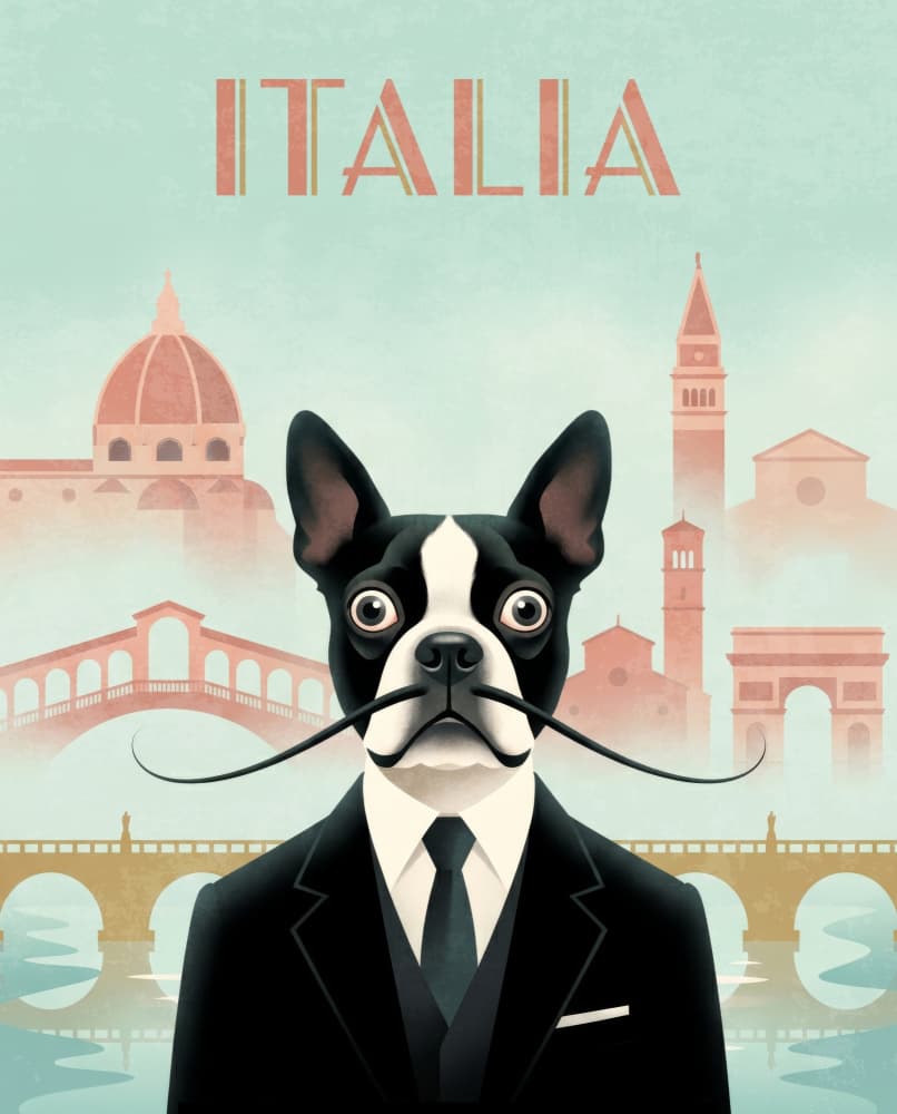 Italian Gentleman Boston Terrier by Emel Tunaboylu — canvas wall art