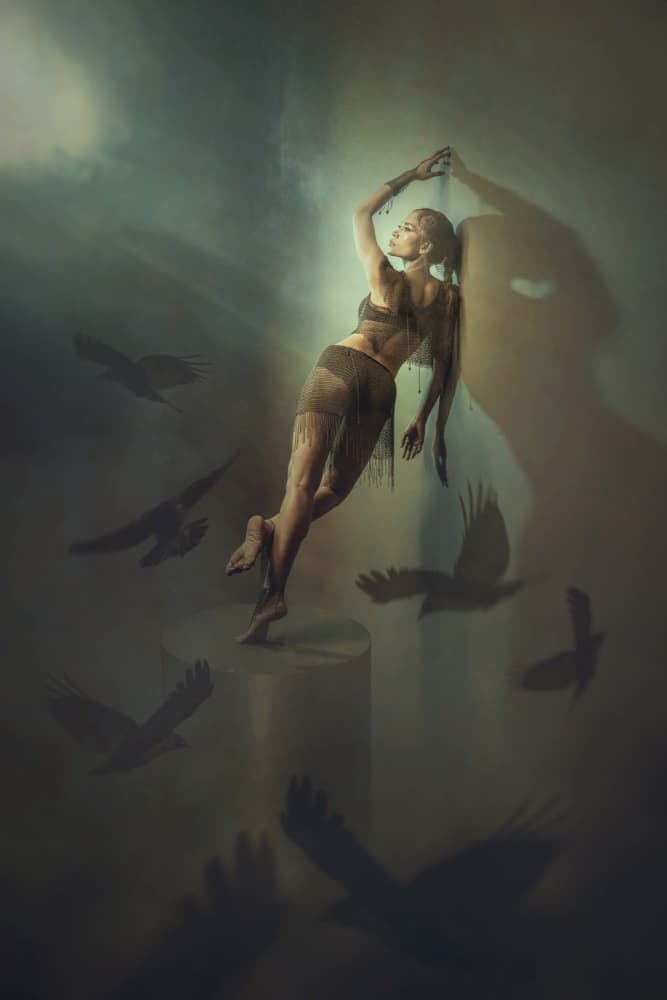 Floating Woman And Ravens by Ajar Setiadi — canvas wall art