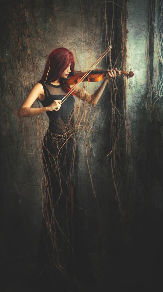 Elegant Violinist And Roots by Sebastian Kisworo — canvas wall art