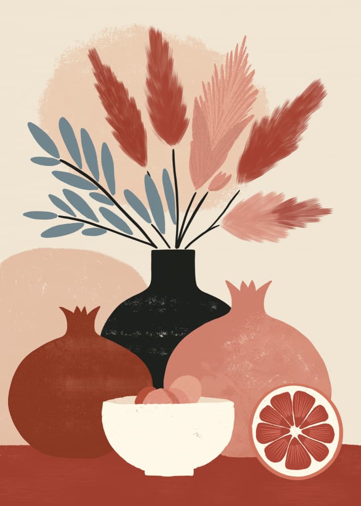 Pampas Pomegranates Still Life by Katarzyna Gąsiorowska — canvas wall art