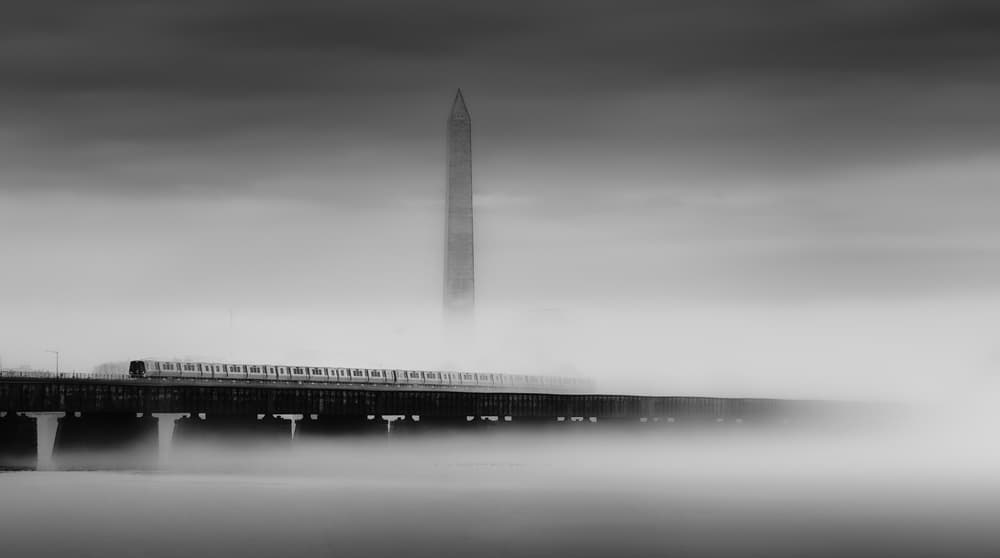 Washington Monument Foggy Bridge by Ruiqing P. — canvas wall art