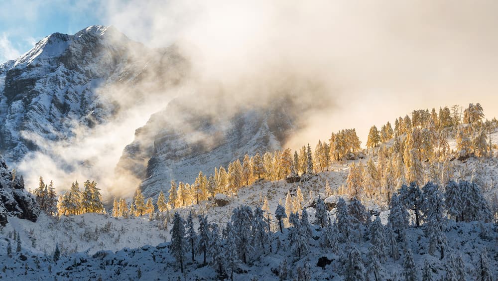 Snowy Mountain Golden Light by Ales Krivec — canvas wall art