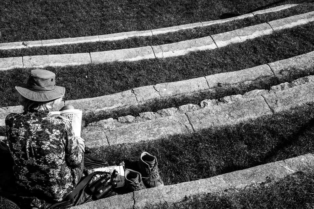 Reading on Concrete Steps by Hilde Ghesquiere — canvas wall art