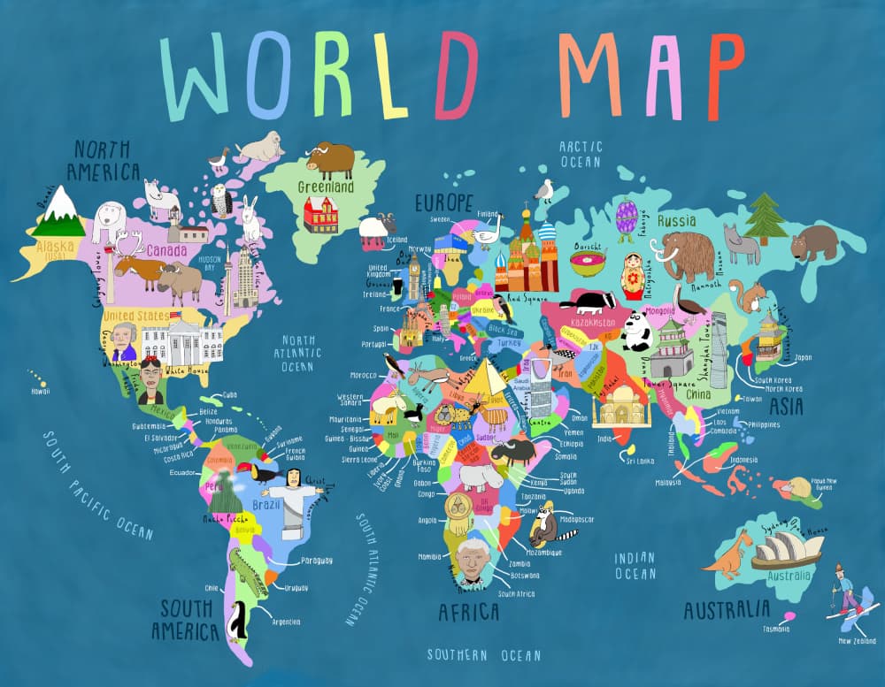 Colorful Kids World Map by Carla Daly — canvas wall art