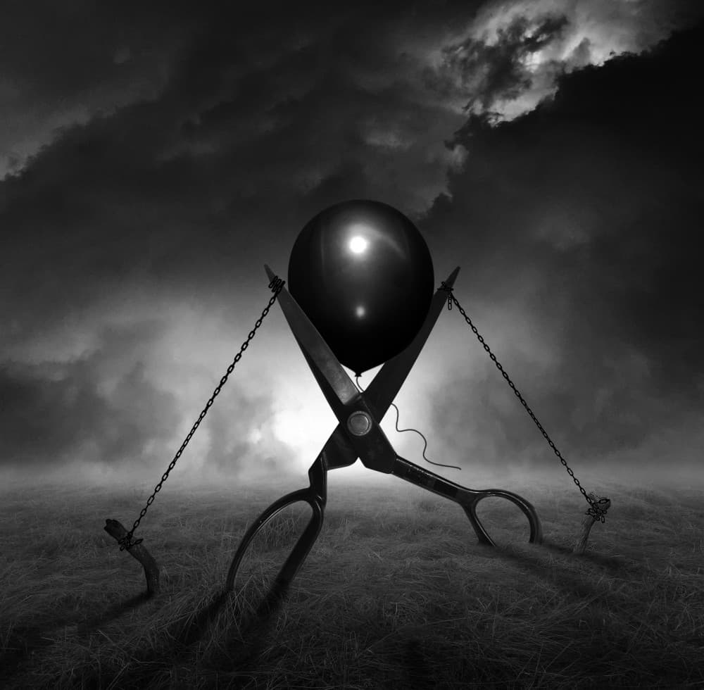 Precarious Balloon and Scissors by Hari Sulistiawan — canvas wall art