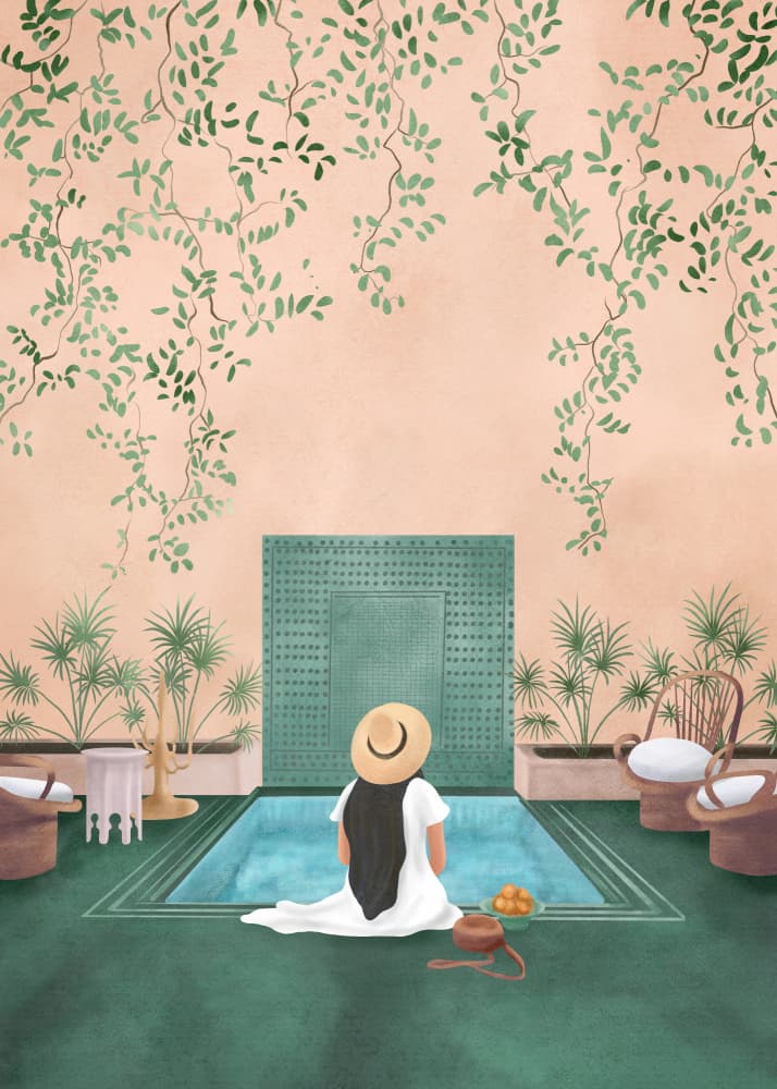 Woman in Courtyard Oasis by Nadjaa — canvas wall art