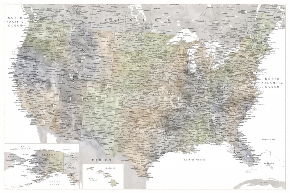 Muted United States Map by Rosana Laiz Blursbyai — canvas wall art