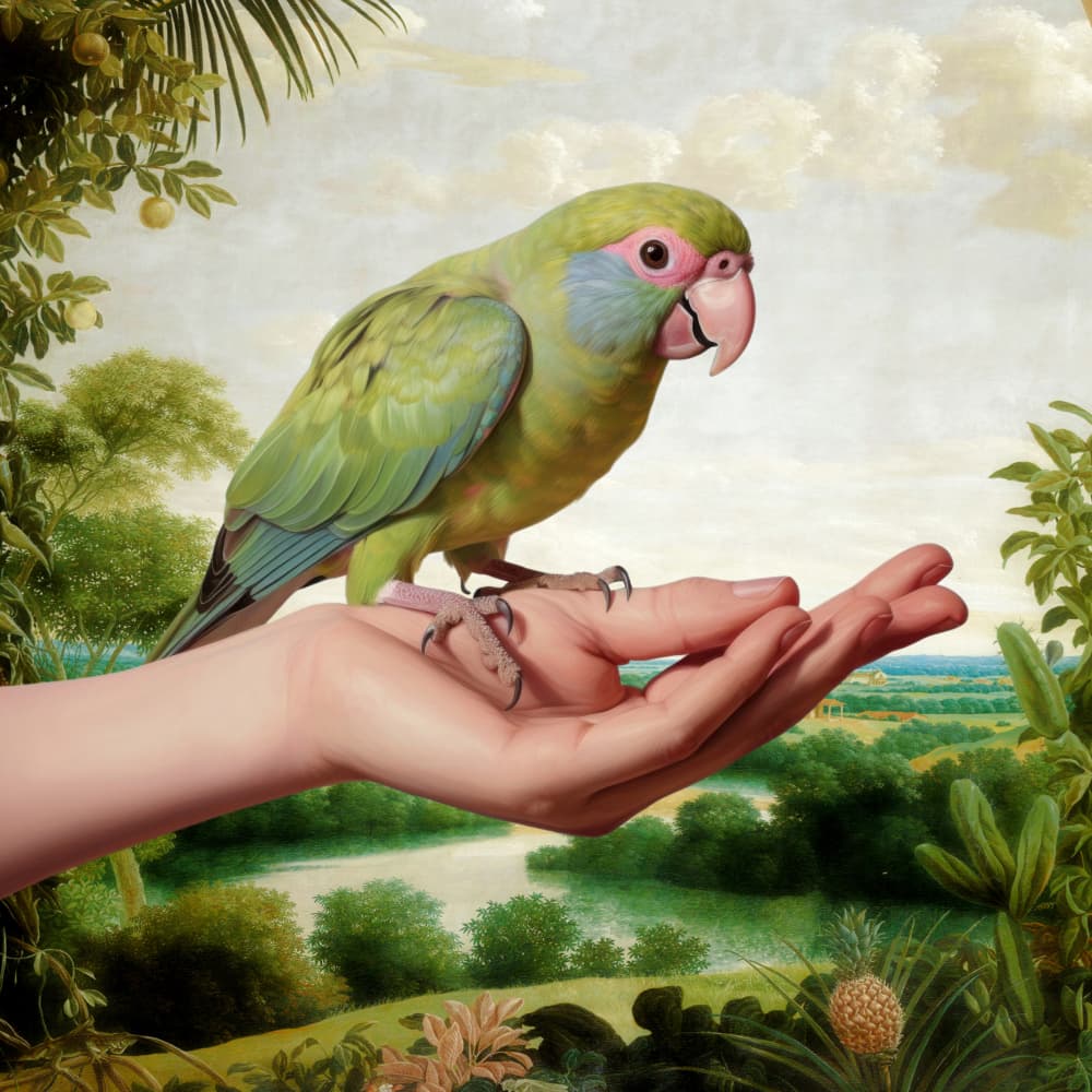 Green Parrot on Hand by Marja van den Hurk — canvas wall art