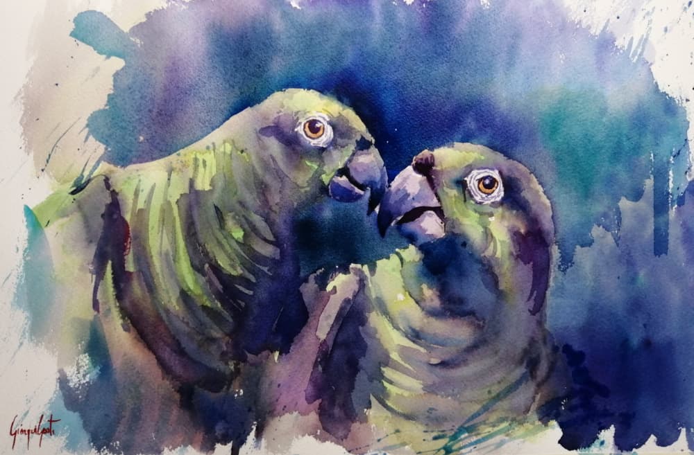 Watercolor Green Parrots by Giorgio Gosti — canvas wall art